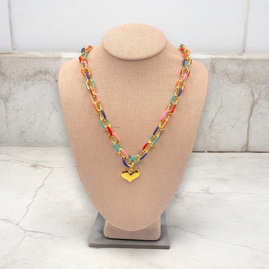 Chunky Multicolor Link Necklace with Heart Pendant